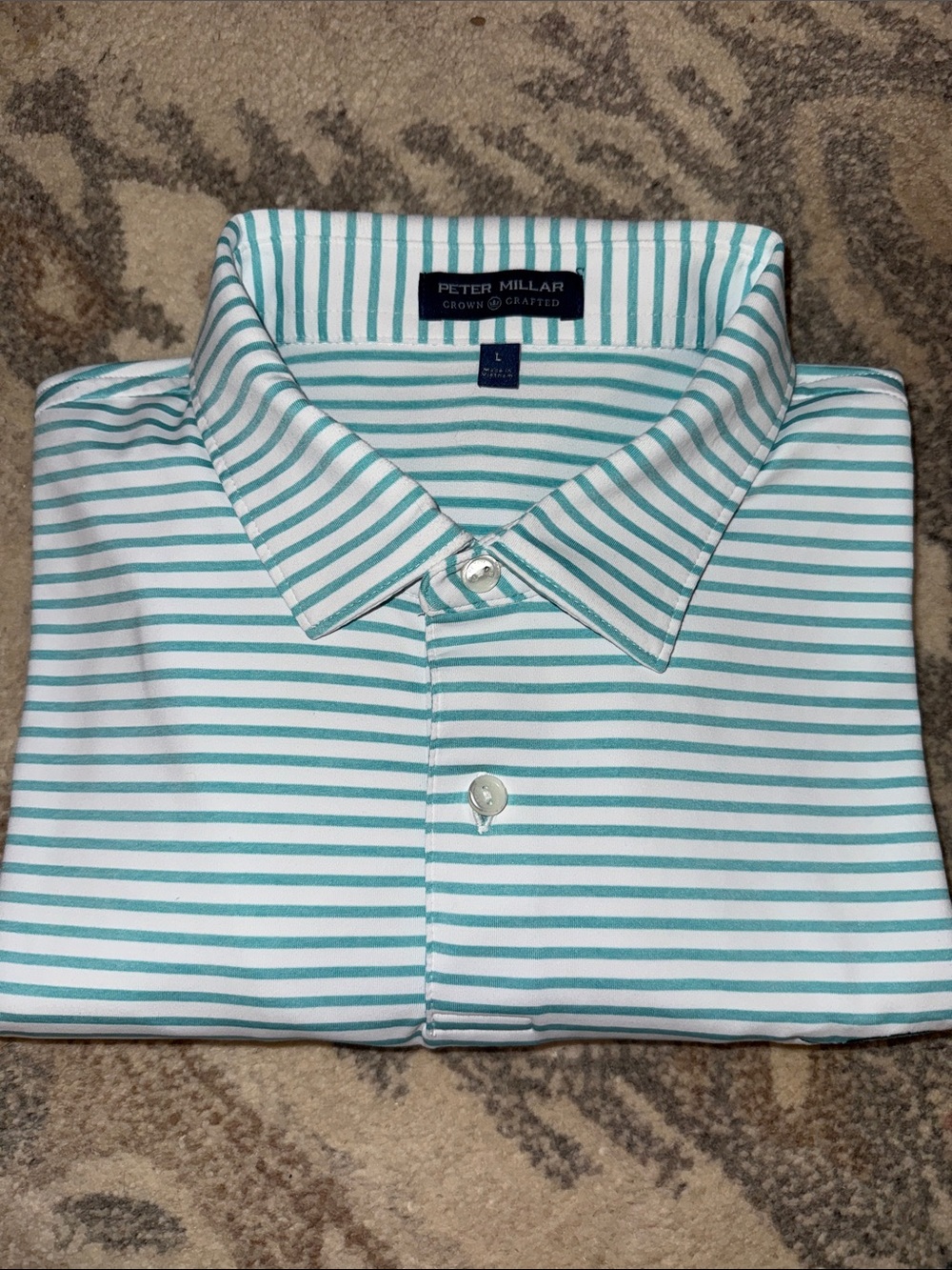 Peter Millar Aqua and White Striped Polo L